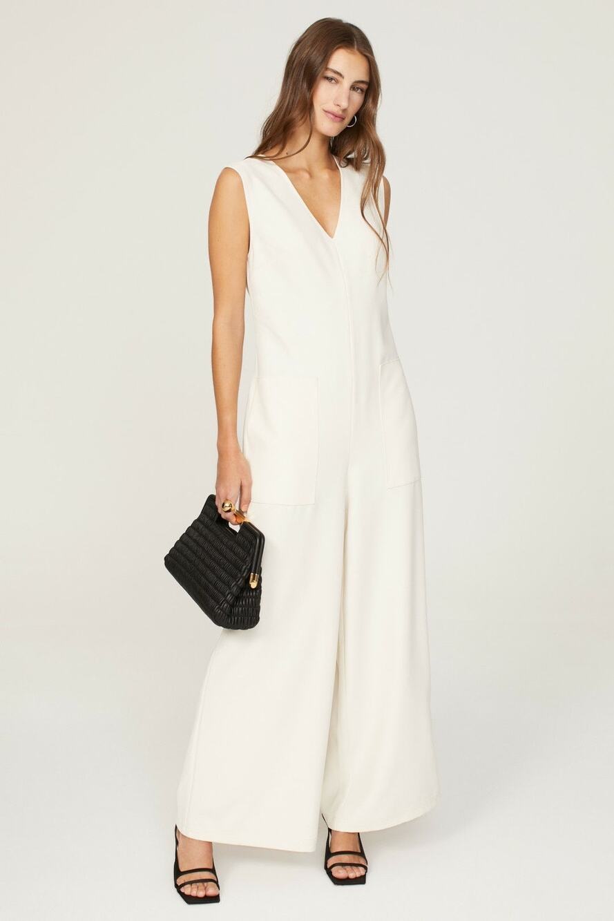 MARINA MOSCONE COLLECTIVE White V-Neck Sleeveless Wide Leg Jumpsuit Size 10